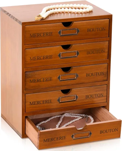 Wesiti - Gabinete de boticario de 5 cajones - Organizador de escritorio vintage de madera - Caja de almacenamiento de madera para catálogo de Marrón