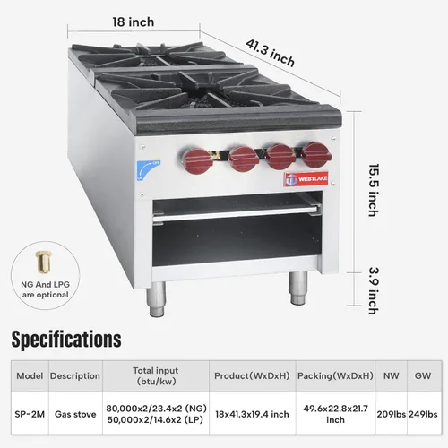 Miniatura 2 de WESTLAKE Gama de ollas de gas comercial, 2 quemadores de gas natural y propano con 80000 x 2 BTU, estufa de cocina de encimera de 18 pulgadas