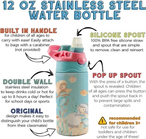 Miniatura 3 de All-Star Sports – Diseño rosa – Botella de agua pequeña de 12 onzas con popote de silicona desplegable – Personalizar con nombre – Aislamiento