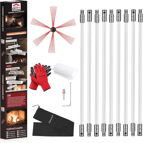 Miniatura 12 de Kit de limpieza de chimenea de 16 pies, kit de limpieza de chimenea con 5 varillas de chimenea flexibles, sistema de limpieza de chimenea giratorio