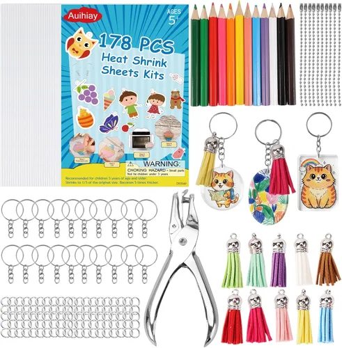 Miniatura 8 de Auihiay Set de 198 Piezas de Plástico Termocontraíble Incluye 20 Hojas de Papel Termocontraíble, Perforadora, Accesorios de Llaveros y Lápices