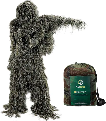 Miniatura 9 de Kalkal Traje Ghillie, Ropa de Camuflaje para Caza para Hombres, Doble Costura, Traje Gilly para Adultos para Caza en la Selva y Halloween