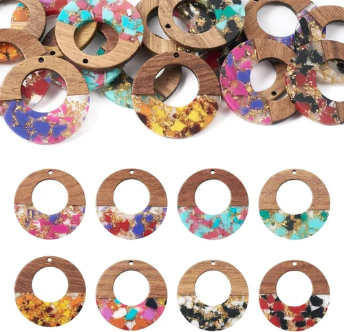 Miniatura 14 de Beadthoven - Dijes de madera de resina para bricolaje, colgantes de aretes de lágrima multicolor, triángulo, círculo redondo, rombo, barra