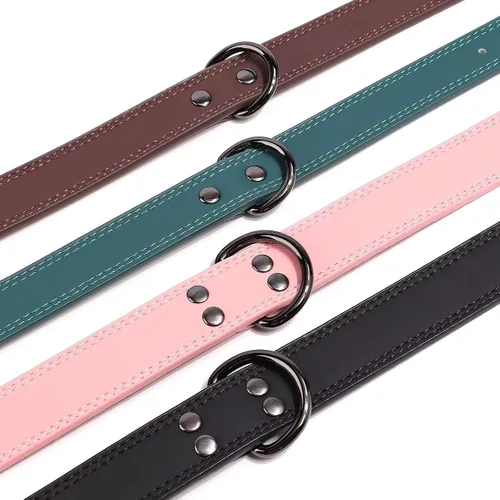 Miniatura 6 de Didog Collar de perro de cuero genuino para perros pequeños, duradero y suave, con anillos dobles en D y hebilla de metal, marrón, S