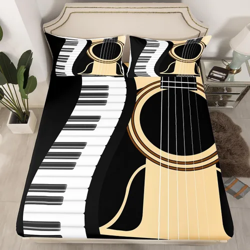 Miniatura 27 de Erosebridal Juego de sábanas de tamaño individual con temática musical, con estampado de notas musicales, juego de cama ajustable en blanco y negro