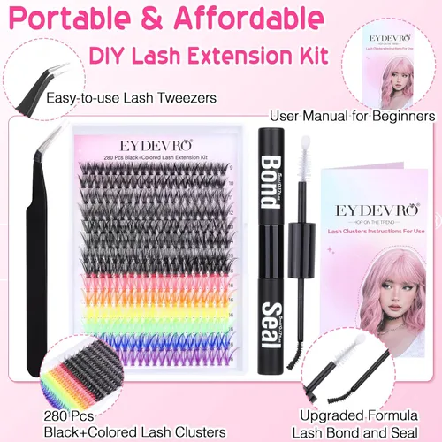 Miniatura 2 de Kit de extensiones de pestañas de colores, kit de extensión de pestañas de 6 colores, pestañas individuales con unión y sello y pinzas de pestañas
