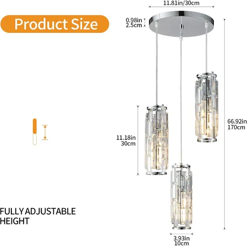 Miniatura 3 de LMQNINE - 3 luces para iluminación colgante de cromo, lámpara colgante moderna, mini candelabros de cristal, lámpara colgante ajustable para cocina