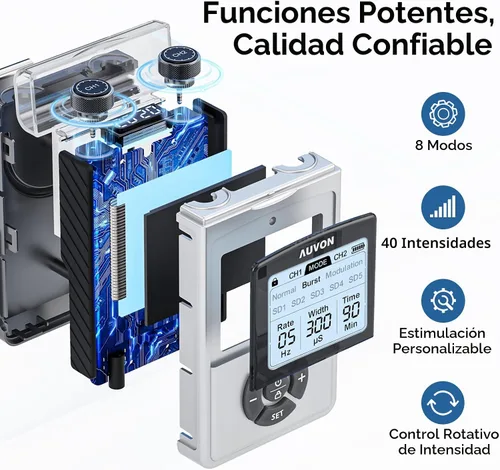 Miniatura 4 de AUVON - Unidad TENS Digital Recargable, Estimulador Muscular con Batería de 600 mAh, Máquina TENS con 8 Modos Personalizables, Masajeador Eléctrico