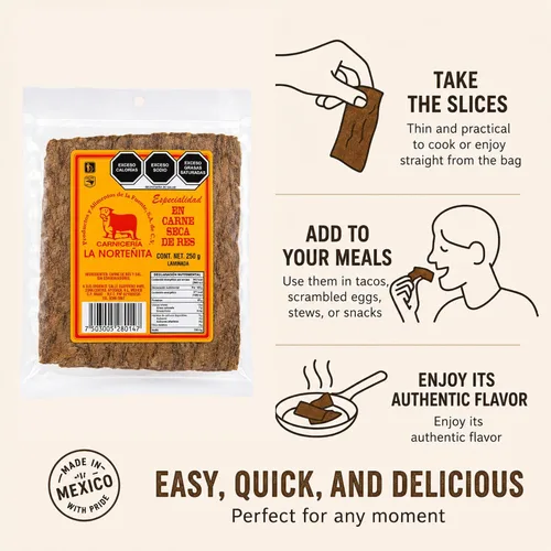Miniatura 9 de La Norteñita Machacado Carne Seca Laminada 8.82 oz Jerk Bocadillos de carne con alto contenido de proteínas, auténtico sabor norteño, aperitivos