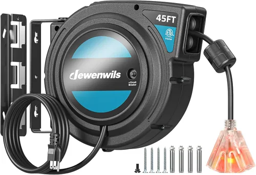 Miniatura 16 de DEWENWILS Carrete de cable de extensión retráctil, cable de alimentación resistente de 40 pies, 12 AWG/3 C SJTOW, 3 tomas de tierra iluminadas