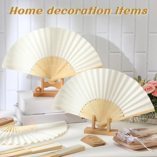 Miniatura 5 de Roowest Paquete de 50 abanicos plegables de papel hechos a mano con bolsas de regalo, tarjeta de agradecimiento, ventilador plegable de mano de Beige