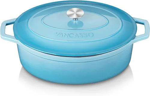Miniatura 8 de vancasso Horno holandés de hierro fundido esmaltado, olla holandesa de 9.3 cuartos de galón con tapa, olla ovalada de hierro fundido con Crema