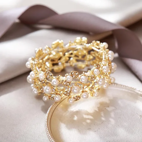 Miniatura 4 de EVER FAITH Crystal Cream Simulated Pearl 1920's Style Leaf Stretch Pulsera Transparente