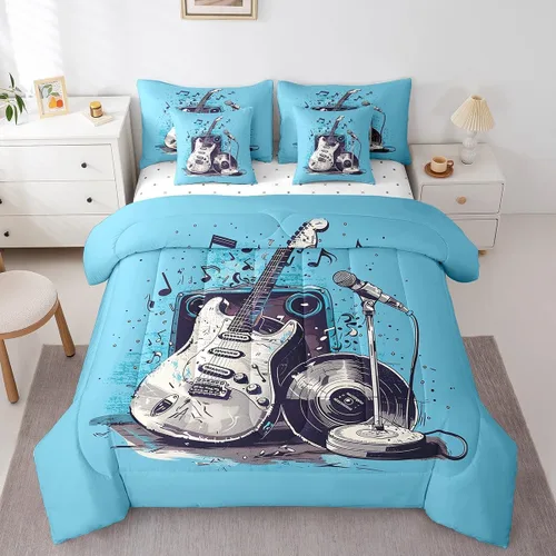 Miniatura 37 de Erosebridal Juego de edredón de 7 piezas con diseño de piano, cama Queen en una bolsa, juego de ropa de cama retro con notación musical de guitarra