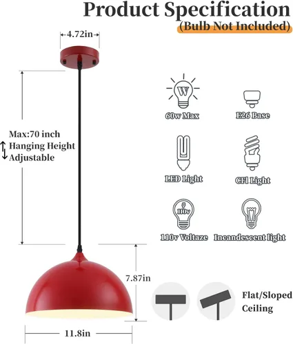 Miniatura 2 de Lámparas colgantes industriales, lámpara colgante de cúpula roja de 11.8 pulgadas sobre isla de cocina, paquete de 3, lámpara colgante de techo Rojo