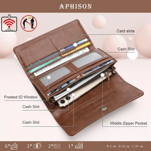 Miniatura 2 de Aphison - Cartera larga de cuero suave RFID para mujer, con caja de regalo