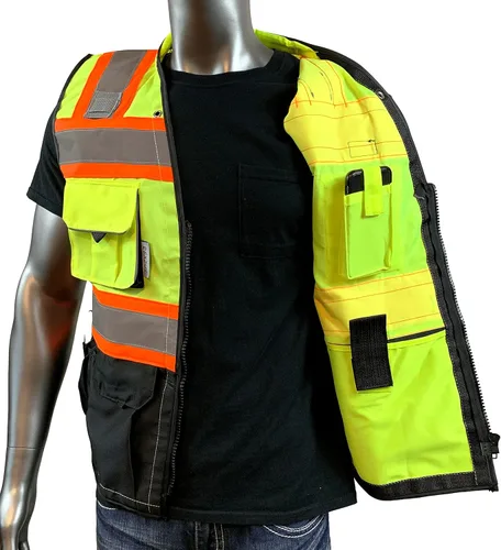 Miniatura 4 de (Chaleco C para hombre, serie negra, chaleco de seguridad con cremallera y bolsillos utilitarios, chaleco de agrimensura serie negra de primera