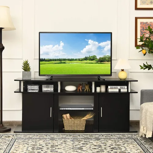 Miniatura 2 de Tangkula Moderno soporte de TV para televisores de hasta 70 pulgadas, mesa consola de sala de estar con 2 gabinetes y estantes abiertos, centro