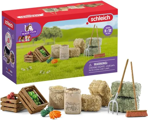 Schleich Horse Club - Juego de juguetes de alimentación y accesorios de 14 piezas para caballos y animales, con detalle de heno, paja y zanahoria,