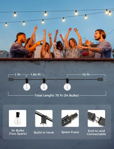 Miniatura 6 de XMCOSY+ Guirnalda de luces inteligentes para exteriores, luces de patio G40 de 75 pies con 34 bombillas LED regulables, control WiFi y aplicación