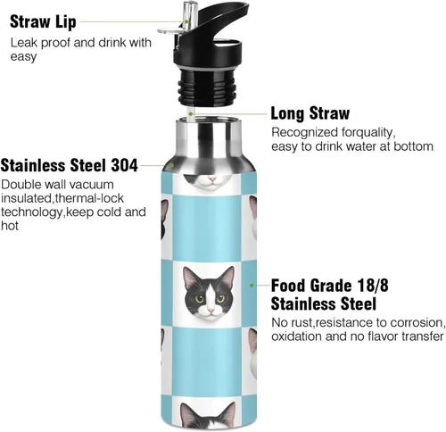 Miniatura 3 de Stainless Steel Vacuum Insulated Water Bottle 20 Oz, Leakproof Water Bottles for Gym Outdoor Travel School, Black White Cat Checkerboard
