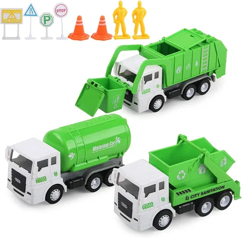 Miniatura 10 de FIVEDAOGANG Pequeño juego de juguetes de camión de basura alimentado por fricción, incluye contenedor de carga frontal, 4 cubos de basura y tarjetas