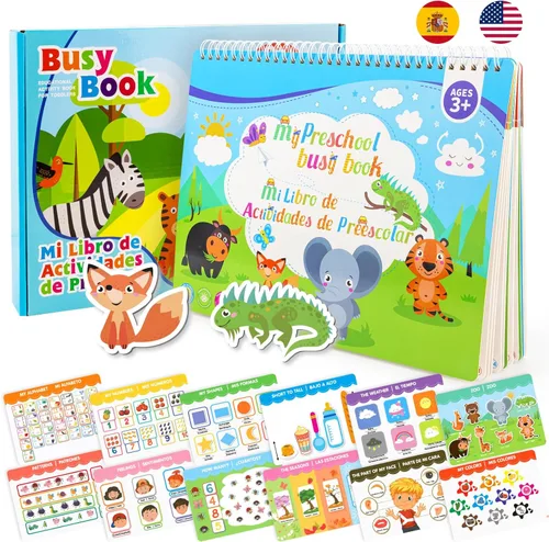 Ayyomo Libros ocupados en español e inglés para niños pequeños, libro de actividades preescolares bilingües para niños de 3, 4, 5 años, rellenos de
