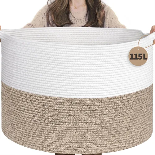 Miniatura 49 de INDRESSME Cesta de Cuerda de Algodón XXXLarge 21.7" x 21.7" x 13.8" Cestas Tejidas para Ropa de Bebé Cestas de Mantas Cesta de Juguetes con Textura