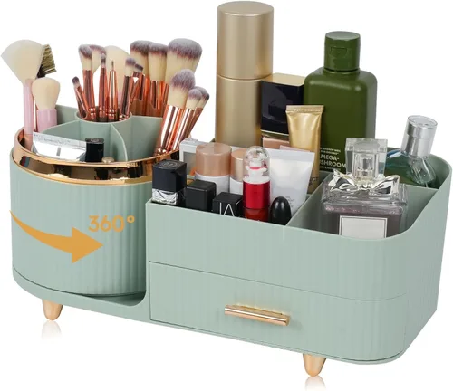 Miniatura 8 de Organizador de maquillaje para encimera con cajón, rotación de 360 grados, soporte para brochas, almacenamiento de gran capacidad, vitrinas