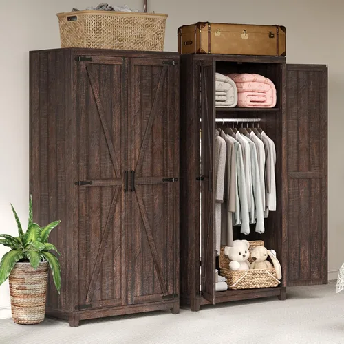 Miniatura 11 de AMERLIFE Armario de granja, clóset con 2 puertas estilo granero, gabinete de almacenamiento de 71" con barra para colgar y estante, almacenamiento