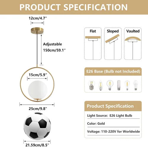 Miniatura 2 de KCO Moderna lámpara colgante de globo dorado con 1 luz individual de cristal blanco para isla de cocina, lámpara colgante ajustable de mediados