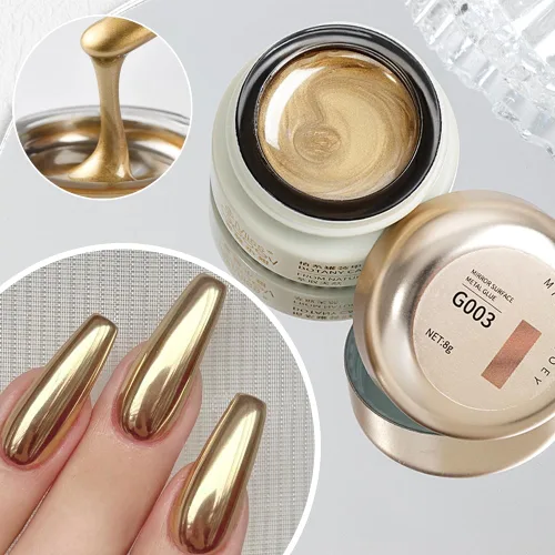 Esmalte de uñas de gel de pintura metálica dorada de 0.3 fl oz, esmalte de uñas de gel metálico espejo 3D, flores/líneas de dibujo de gel metálico