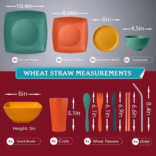 Miniatura 2 de Teivio 44-piece Plastic Wheat Straw Square Dinnerware Set for 4, Dinner Plates, Salad/Tidbit Plates, Snack/Fruit Bowls, Cups 13.5oz, Flatware