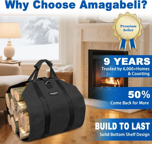 Miniatura 5 de Amagabeli - Bolsa de transporte de leña encerada, bolsa de transporte resistente para chimenea de leña grande con asas para camping, soporte