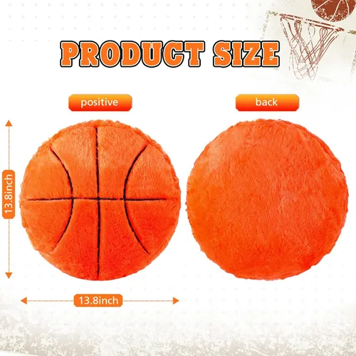 Miniatura 3 de Jetec 2 piezas de almohada de baloncesto esponjosa suave y adorable con forma de baloncesto, cojín deportivo decorativo redondo de felpa con tema