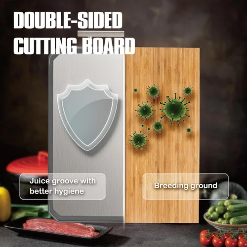 Miniatura 5 de SNOWCLAD Tabla de cortar de acero inoxidable, juego de tablas de cortar de acero de doble cara para cocina, acero inoxidable/paja de trigo, PP