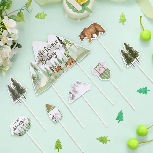 Miniatura 3 de Decoraciones para baby shower con texto en inglés "Let the Adventure Begin", 25 decoraciones para cupcakes, nuestra mejor decoración de aventura