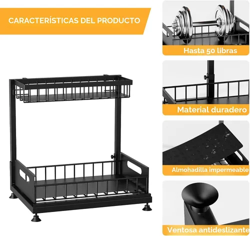 Miniatura 7 de Saydear Organizador de almacenamiento para debajo del fregadero, organizador de armario de cocina extraíble de 2 niveles con cajón deslizante, Negro