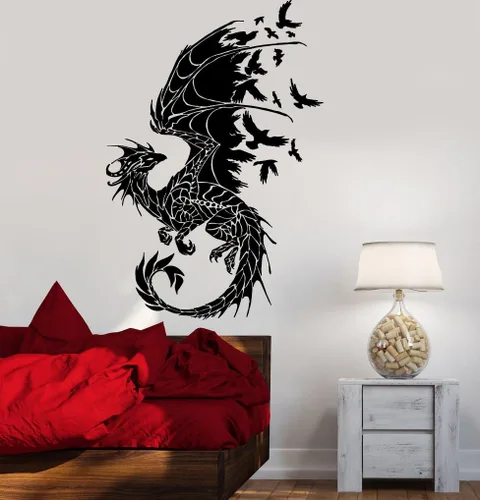 Vinilo adhesivo para pared, diseño de dragones, pájaros, fantasía, cuento de hadas, decoración gótica para dormitorio (z2514) M 22.5 x 35 pulgadas