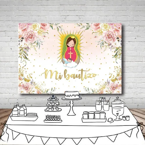 Miniatura 4 de MEHOFOND Telón de fondo de bautismo Mi Bautizo de 8 x 6 pies, acuarela, rosa, floral, hierba de las pampas, fondo de baby shower, fondo de baby