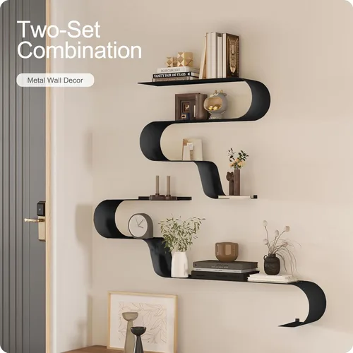 Miniatura 6 de Juego de 3 estantes flotantes negros, decoración de metal negro, estante flotante montado único, estante de pared largo moderno, estantes de pared