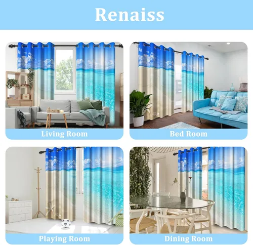 Miniatura 5 de Renaiss Cortinas opacas con diseño de mar tropical, nublado, cielo azul y verde azulado, estrella de mar transparente en playa arenosa, sala