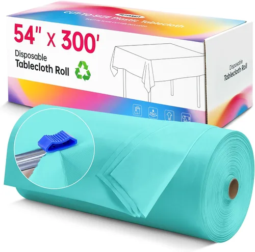 Miniatura 13 de Mantel de plástico desechable, rollo de mantel negro de 54 pulgadas x 300 pies, mantel desechable con cortador deslizante para mesas redondas