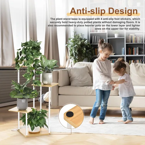 Miniatura 5 de Soporte para plantas de 4 niveles para interiores y exteriores, estante de esquina de metal de madera, múltiples estantes para macetas, estante