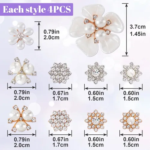 Miniatura 3 de HINZIC 40 piezas de botones de diamantes de imitación de perlas, broches de flores, adornos dorados y plateados, dijes decorativos de boda
