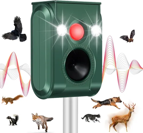 Repelente de gatos para exteriores, repelente solar ultrasónico de animales con detección de movimiento, dispositivo repelente de ciervos