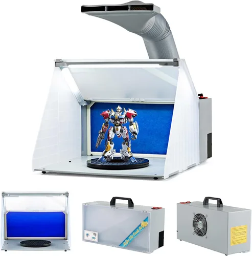 ERGOMASTER Cabina de aerosol para aerógrafo, cabina de pintura portátil con 3 luces LED, manguera de escape de 5.6 pies, tocadiscos giratorios de
