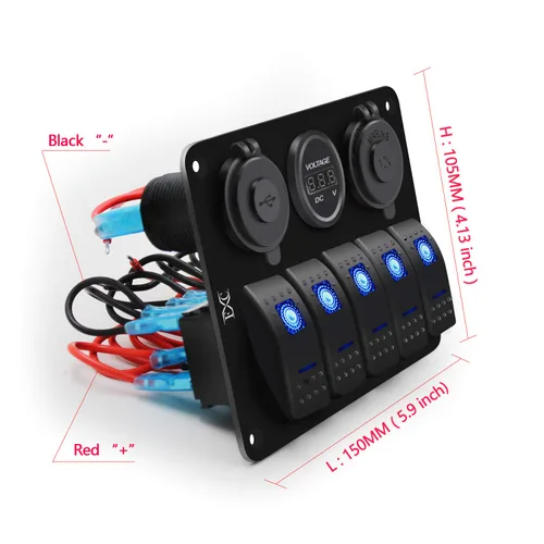 Miniatura 6 de FXC Interruptor basculante de barco marino impermeable, panel de aluminio de 5 segmentos con ranura USB dual 3.1A + medidor de voltios, luz LED azul