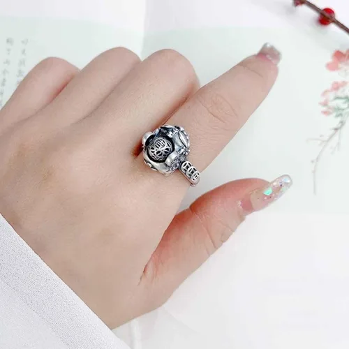 Miniatura 3 de Anillo ajustable antiguo antiguo de plata de ley 925 de jade natural para mujer, Plata, Jade