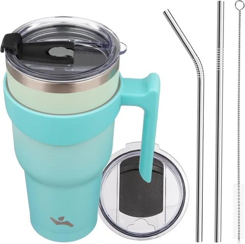 Miniatura 84 de Konokyo - Vaso de 10 onzas con asa y 2 popotes, 2 tapas, botella de agua aislada de acero inoxidable, taza de viaje reutilizable, color verde militar